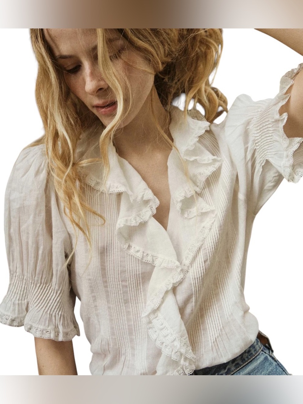 DOEN Henri Ruffled Voile Peasant Blouse in salt